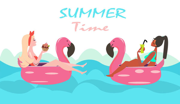 Vector of two women swimming with pink flamingo pool float 
