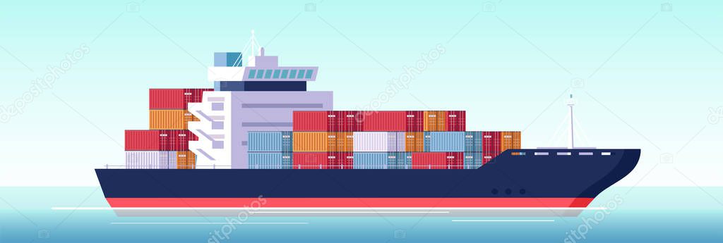 Vector of cargo ship container in the ocean. 