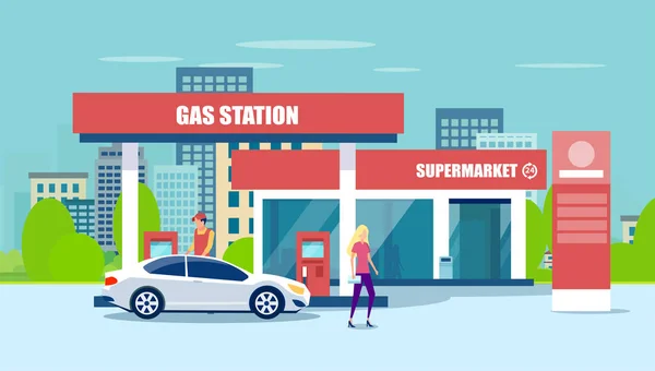 Vecteur de station service, supermarché, voiture de ravitaillement — Image vectorielle