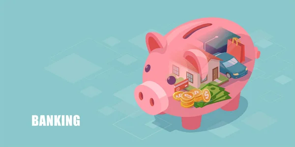 Vektor eines Sparschweins mit Haus, Auto, Bildungskredit und Ersparnissen im Inneren — Stockvektor