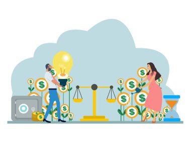 Aile bütçesini ve mali durumunu dengeleyen bir çift işadamı ve iş kadınının vektörü 