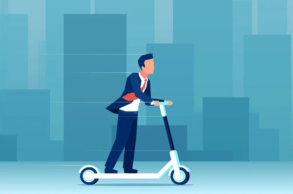 近代的な都市景観の背景に電動スクーターに乗る若いビジネスマンのベクトル. — ストックベクタ