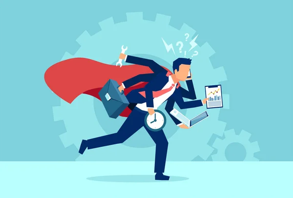 Vector van een Business man Super Hero running in een haast multitasking. — Stockvector