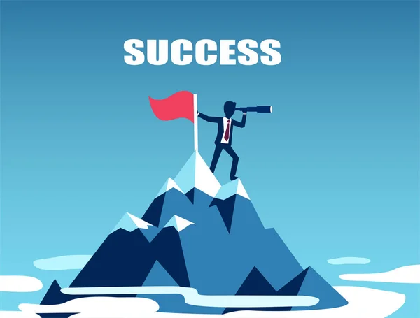 Διάνυσμα ενός επιχειρηματία που στέκεται στην κορυφή του βουνού ψάχνοντας για επιτυχία — Διανυσματικό Αρχείο