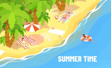 Vektör insanlar, turistler, palmiye ağaçları altında okyanus kenarında plajda rahatlatıcı, güneşlenme.