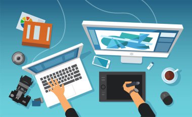 Vektör modern yaratıcı ofis çalışma alanı bir grafik tasarımcı, görüntü rötuş profesyonel 