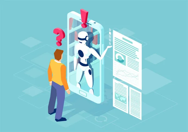 Vektor egy férfi kérdezés egy kérdés egy robot online-ra mozgatható telefon. — Stock Vector