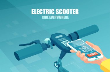 Elektrikli scooter kiralamak için hizmet kilidini açmak için mobil uygulama kullanarak akıllı telefon ile bir adam el Vektör 