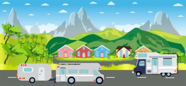 Dağlarda yolda sürüş kampçılar RV vektör.