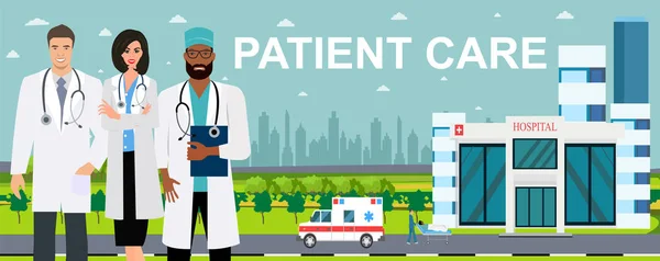 Vettore del team medico in piedi su un edificio ospedaliero, sfondo auto ambulanza — Vettoriale Stock