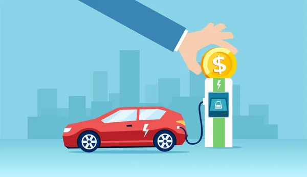 Vecteur de recharge d'une voiture électrique à la station de charge économiser de l'argent — Image vectorielle