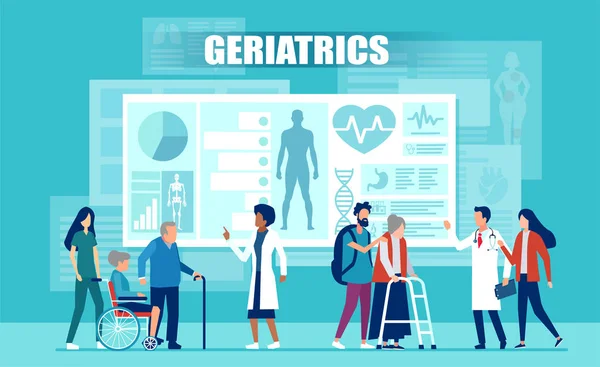 Vector del equipo médico que asiste a pacientes ancianos con discapacidades utilizando aplicaciones médicas y tecnología moderna — Archivo Imágenes Vectoriales