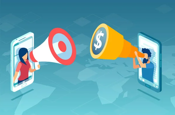 Vecteur d'une femme faisant une annonce en mégaphone et un homme d'affaires à la recherche d'opportunités financières sur une plate-forme mobile — Image vectorielle