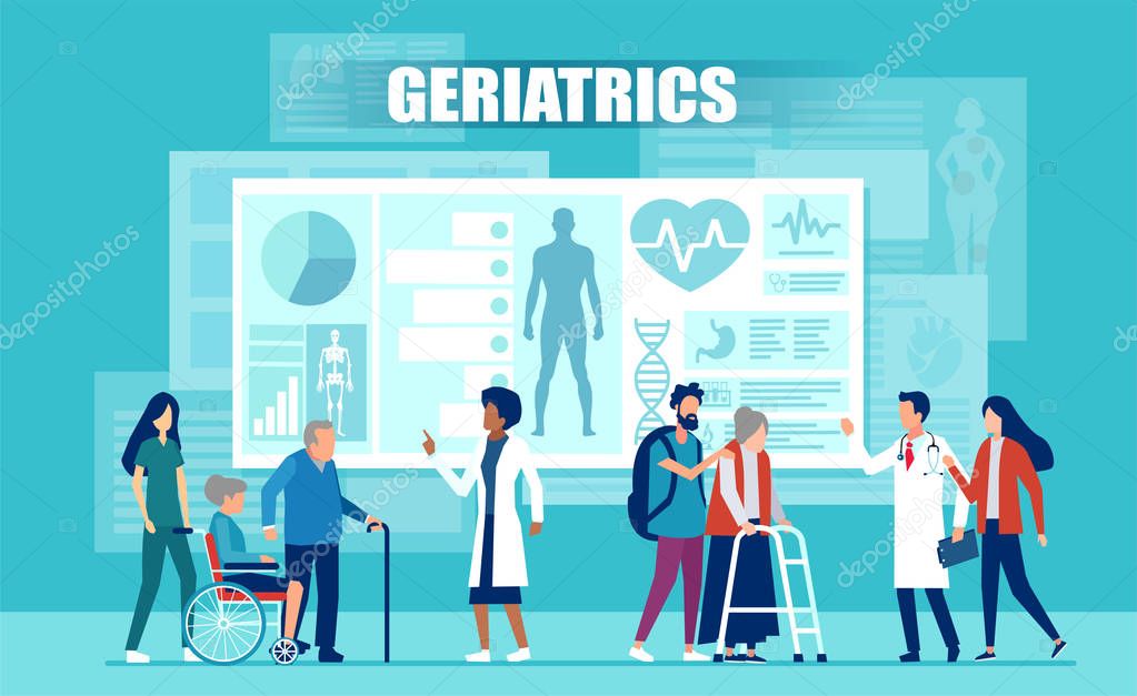 Vector of medical team assisting elderly patients with disabilities using medical apps and modern technology 