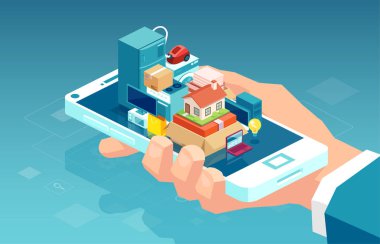 Ev ve mutfak aletleri ile akıllı telefon tutan bir el vektör 