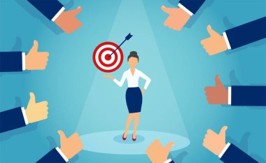 Hedeflerine ulaşan başarılı bir iş kadınına başparmağını veren bir işadamının vektörü  