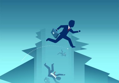 Gap bir aşarak engel üzerinden atlama bir işadamları vektör, geri kalanı uçurumdan düşen. 