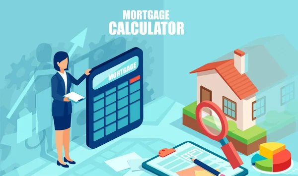Vettore di una donna d'affari banchiere con calcolatrice su uno sfondo di una casa acquirente — Vettoriale Stock