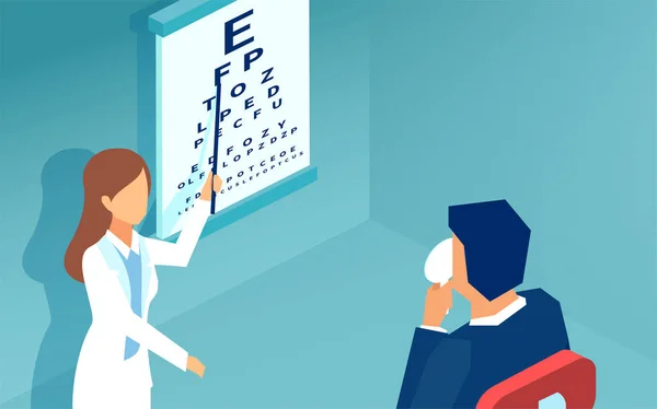 Vector de una oftalmóloga mujer que examina a una paciente usando una carta de Snellen — Vector de stock