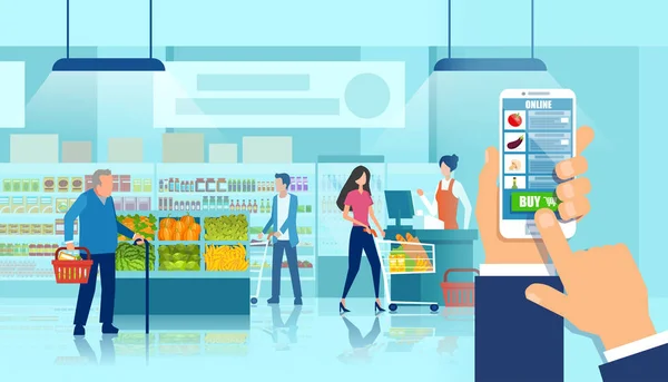 Vektor ruky, držící smartphone pomocí nákupní aplikace v potravinách — Stockový vektor