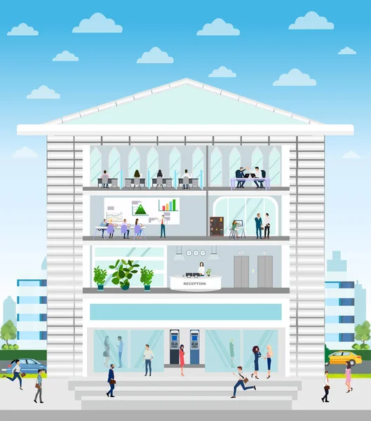 Vecteur d'un immeuble d'entreprise avec accueil, bureaux, salles de conférence intérieurs et employés travaillant à l'intérieur — Image vectorielle
