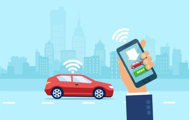 Mobil otomatik kiralama uygulamasını kullanan akıllı telefonlu bir erkek elinin vektörü 