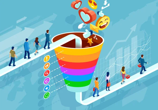 Social media marketing and target audience concept. Isometric funnel infographic of a customer retention — Stock Vector
