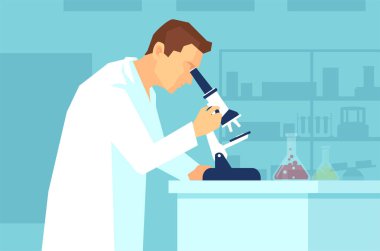 Mikroskopa bakan bir bilim adamı veya klinik patoloğun vektörü 