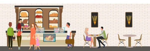 Διάνυσμα των ατόμων που διαμένουν σε γραμμή Shopping στο αρτοποιείο — Διανυσματικό Αρχείο
