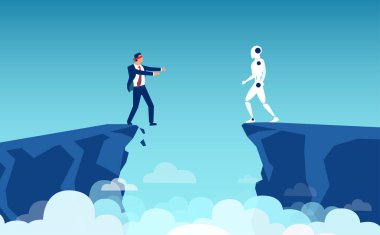 Vector of a business man about to fall of a cliff and a robot looking at him from the other side  clipart