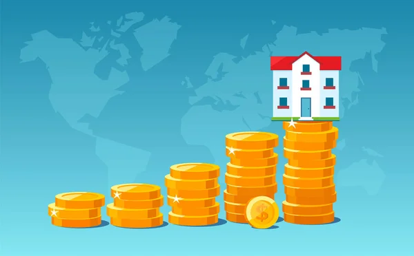 Vector de una casa encima de una pila de monedas de oro creciendo . — Vector de stock