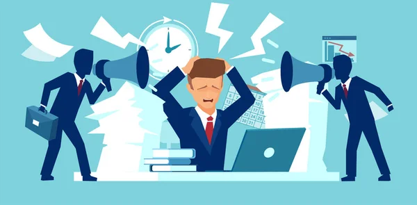 Vektor av en stressad anställd pressas av chefen om annalkande deadline. — Stock vektor