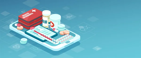 Vektor av receptbelagda läkemedel, första hjälpen kit och medicinska förnödenheter som säljs online via smartphone applikationsteknik — Stock vektor