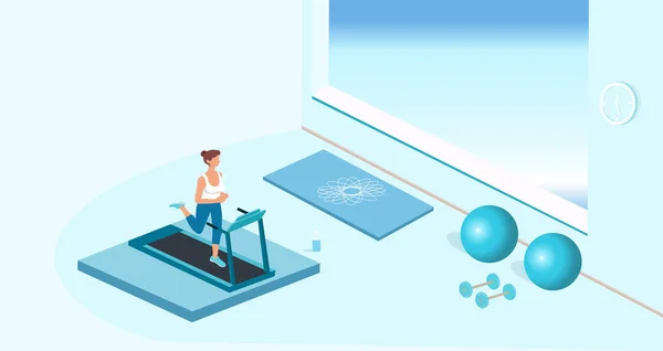 一个健康女子在健身馆跑步机上奔跑的病媒 — 图库矢量图片