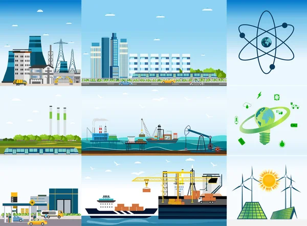 Vecteur d'une mégalopole avec, usines, chantiers navals, bâtiments et panneaux solaires et éoliennes écologiques — Image vectorielle