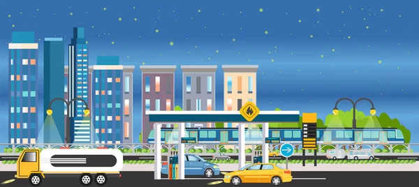Vecteur d'une ville nocturne avec station-service et voitures de ravitaillement, la construction de maisons et de fond skyline — Image vectorielle