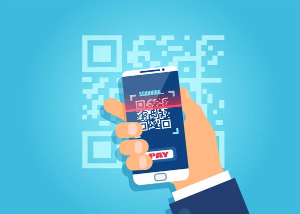 Vector of a business man hand holding smart phone and scanning QR code — 스톡 벡터