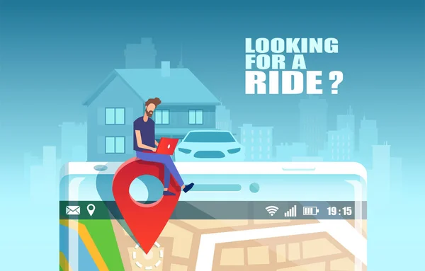 Vector de un tipo hipster que planea un viaje a la ciudad utilizando la aplicación móvil para buscar el servicio de coche compartido disponible — Vector de stock