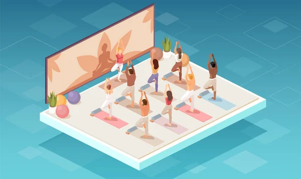 Vector de un grupo de personas haciendo ejercicios de yoga en un estudio o gimnasio . — Vector de stock