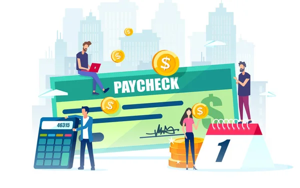 Vecteur d'employés, calendrier avec paye et chèque de paie — Image vectorielle