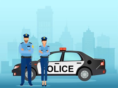 Şehrin arka planında servis arabası olan bir kadın ve erkek polis memurunun vekiliyim.. 