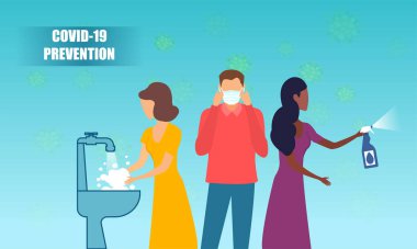 Coronavirus önleme konsepti. El yıkayan, maske takan ve dezenfektan sıkan insanların temsilcisi. 