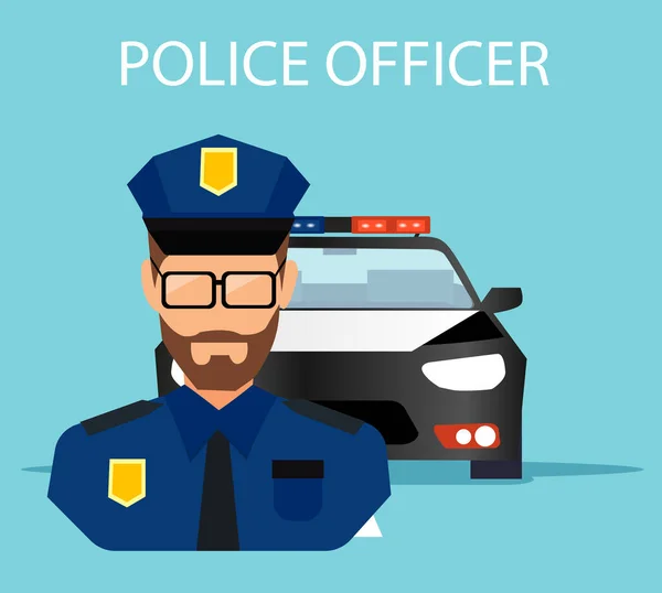 Vektor Egy Férfi Rendőr Egy Szolgálati Autó Háttérben — Stock Vector