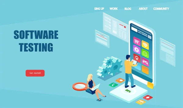 ソフトウェア開発とアプリケーション品質保証 It開発者のベクトルは 携帯電話アプリをテスト — ストックベクタ