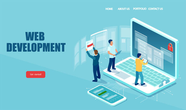 Vector of men IT professionals working on computer web developing 