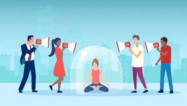 Cam kubbenin içinde oturan genç bir kadının vektörü megafonla çığlık atan insanlarla meditasyon yapıyor.
