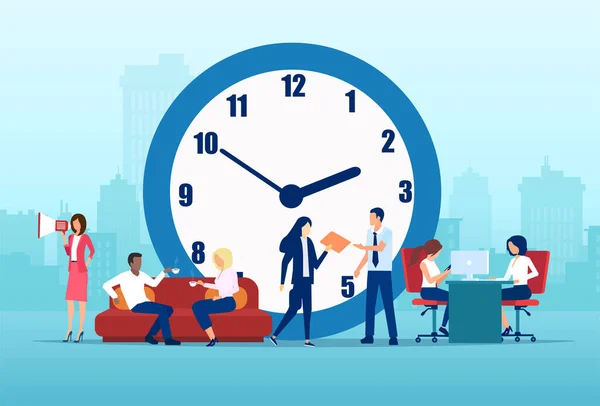 時間管理の概念 都市の形と時計の背景の会社のオフィスで働くビジネスの人々のベクトル — ストックベクタ
