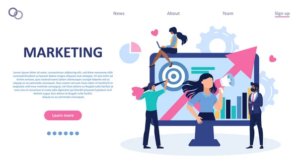 Vektor För Ett Team Som Arbetar Med Marknadsföring Online För — Stock vektor