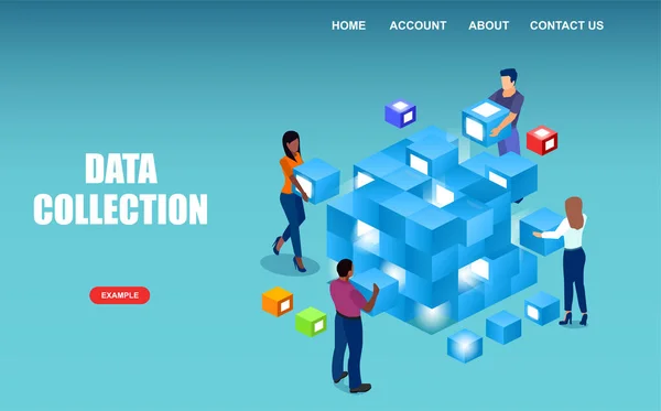 Vector Isométrico Personas Que Recogen Big Data — Vector de stock