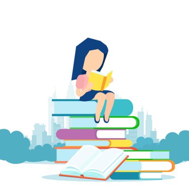 Bir yığın kitabın üzerinde oturan ve kitap okuyan küçük bir kızın vektörü. 